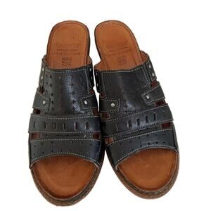 Karyoka Black Leather Boho Slides, Perforation, Punched Holes, Studded, Size 10